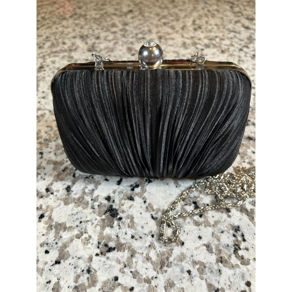 Jacqueline Ferrar Black Satin Pleated Clutch Evening Bag Silver Frame Chain